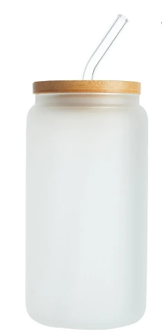 Frosted glass with lid and straw