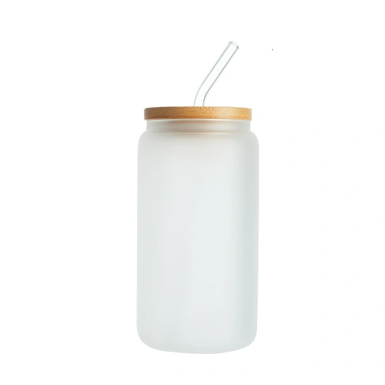 Frosted glass with lid and straw